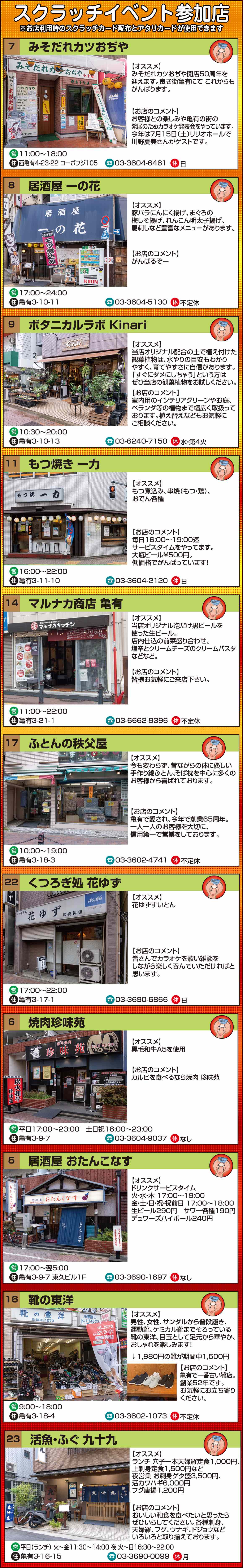 5.居酒屋 おたんこなす6.焼肉珍味苑7.みそだれカツおぢや 8.居酒屋 一の花9.ボタニカルラボ Kinari11.もつ焼き 一力14.パスタバル/マルナカ商店16.靴の東洋17.ふとんの秩父屋22.くつろぎ処 花ゆず23.活魚・ふぐ 九十九