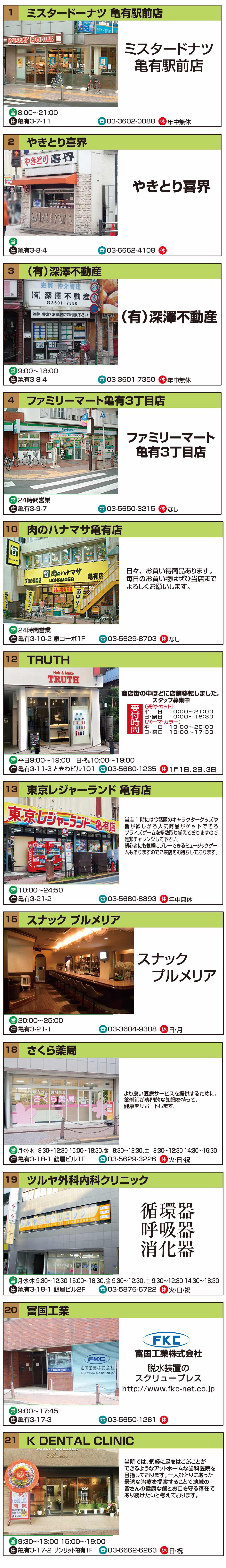 1.ミスタードーナツ 亀有駅前店2.やきとり喜界3.深沢不動産4.ファミリーマート亀有3丁目店10.肉のハナマサ亀有店12.TRUTH13.東京レジャーランド 亀有店 15.スナック プルメリア18.さくら薬局19.ツルヤ外科内科クリニック20.富国工業
21.Ｋ DENTAL CLINIC